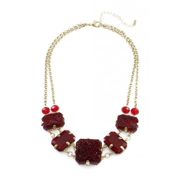 Ruby Red Druzy Glass Stones Statement Necklace